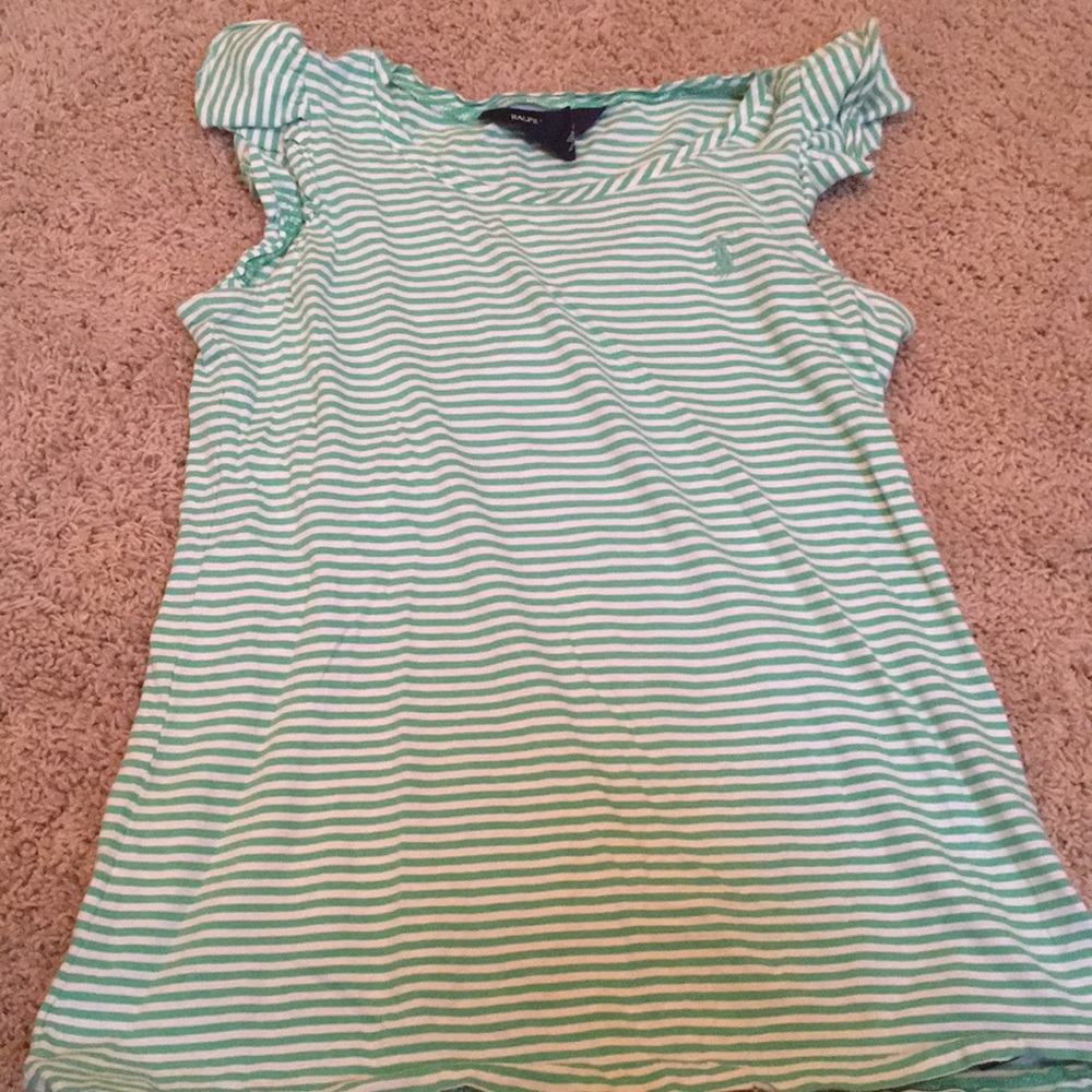 Green and White striped Ralph Lauren girls shirt.